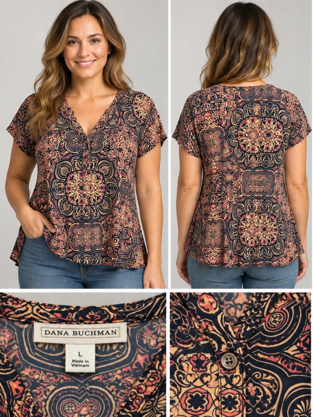 Dana Buchman Navy Floral Medallion V-Neck Short Sleeve Top SIZE LARGE LIKE NEW